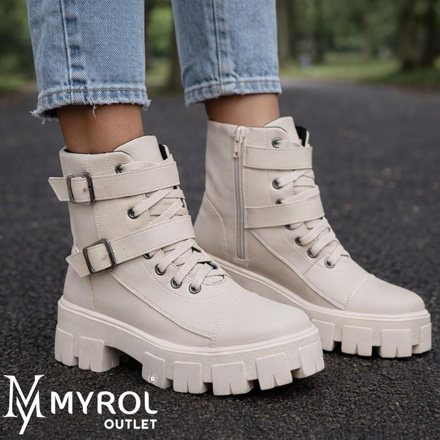 Rock Life Blogger Combat Boot With Two Buckles And Tractor Sole Myrol Outlet - Màu be - Xem 1