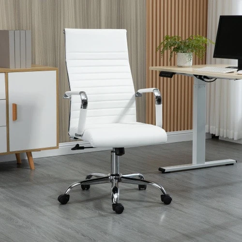 Ergonomic Office Chair With Rocking Function, 360° Swivel Casters, Steel Legs, Faux Leather Upholstery, 120 Kg Weight Capacity, Dimensions: 54 X 62 X 104-114 Cm - White - View 1