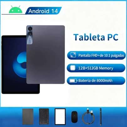 BOSSNEY Tableta, pantalla FHD de 10,1 pulgadas, Android 14,12 GB de RAM, 512 GB de ROM, batería de 8000 mAh, cámaras de 13 MP + 5 MP, WiFi 5G / 2.4 G, viene con teclado, mouse, lápiz óptico y funda protectora.