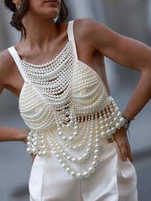 ZHENGHEN Beaded Vest In Street Style, Tassel Design Luxury Body Chain, Suitable For Women, Festival Party Rave Accessories - White - View 2