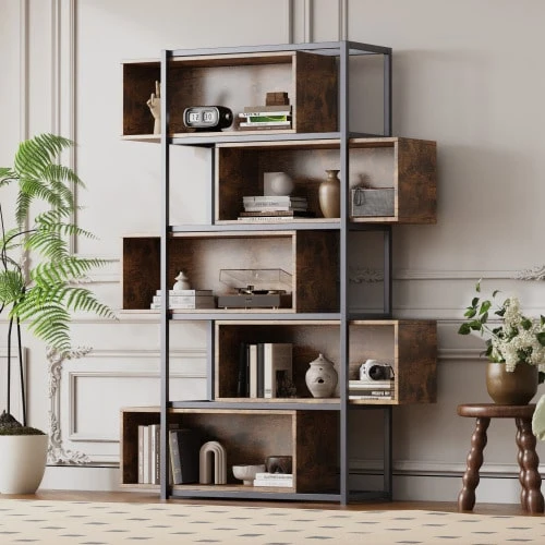 Five-Tier Bookcase With Dividers, Brown Wood Look, Black Steel Piping - Brown - View 1