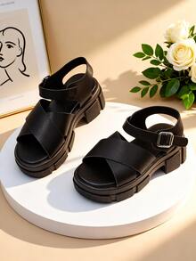 EUR 26-38 Sizes Toddler Kids Girls Black PU Leather Chunky Platform Sandals, Cross Strap Design With Adjustable Ankle Buckle, Soft Padded Insole & Non-Slip Rubber Sole, Fashionable Casual Shoes For Daily Wear, School, Playdates & Outdoor Activities - Black - View 3