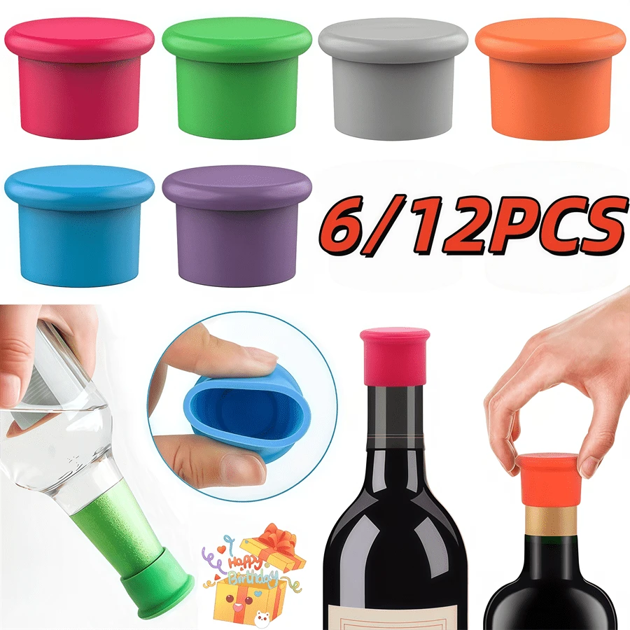 6/12pcs Reusable Silicone Wine Bottle Stoppers, Multi-Functional Airtight Bottle Caps Fit For Red Wine, Champagne, Condiment Bottles Of Various Mouth Sizes, Leak-Proof & Preservative