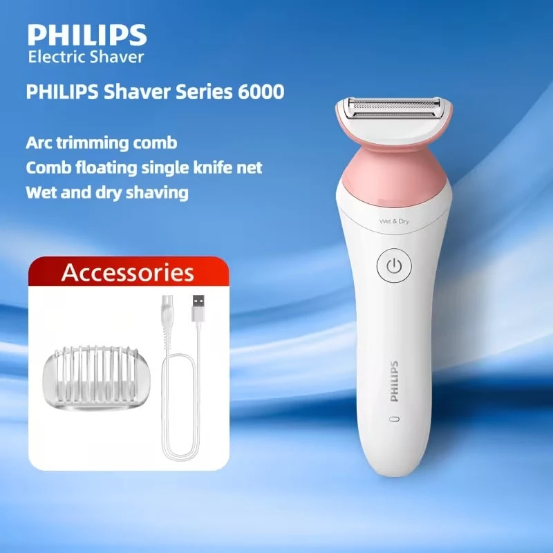 PHILIPS 飞利浦 BRL146/80 女士剃毛器 6000 系列，浮动刀网，干湿两用，续航 40 分钟，USB 充电，IPX7 级防水，适用于女性腿部/腋下/比基尼部位 - 粉色 - 查看 1
