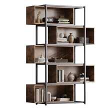 Five-Tier Bookcase With Dividers, Brown Wood Look, Black Steel Piping - Brown - View 7