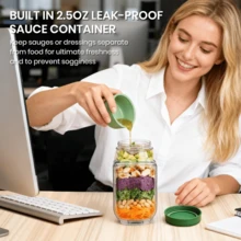 1个32盎司沙拉梅森罐，带侧边吸嘴和防漏盖 - 可用于微波炉、洗碗机和冰箱 - 密封沙拉容器，带调味托盘，可堆叠设计，适合备餐、午餐、晚餐和办公使用 - 綠色 - 查看 6