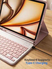 无线蓝牙键盘保护套，带可拆卸键盘和触控笔插槽，兼容三星 Galaxy Tab、Pad SE，超薄轻巧支架保护套（粉色） - 粉色 - 查看 5