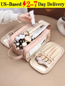 Pink Waterproof PU Leather Multifunctional Makeup Bag Double-Layer Large Capacity Portable Travel Cosmetic Bag Toiletries Storage Bag With Handle For Woman Dividers PU Makeup Bag Brush Storage Bag Men Business Wash Bag Makeup Bags Makeup Organizer Make Up Organizer Makeup Storage Back To School Supplies Make Up Bag[US-Based Shipping] Valentine's Day Gifts, Gifts For Women, Gifts For Girls. - 粉色 - 查看 12