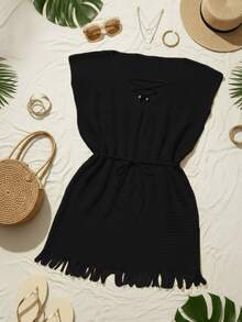 Elegant Women's Plus Size Beach Cover-Up Summer Knit Dress With Fringe And Crochet Detail - Black - View 6