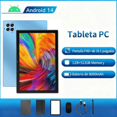BOSSNEY Tableta, pantalla FHD de 10,1 pulgadas, Android 14,12 GB de RAM, 512 GB de ROM, batería de 8000 mAh, cámaras de 13 MP + 5 MP, WiFi 5G / 2.4 G, viene con teclado, mouse, lápiz óptico y funda protectora.