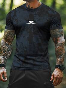 Camiseta de manga corta de cuello redondo transpirable y casual para hombre, con patrón degradado, mezcla de poliéster, adecuada para ropa deportiva de verano. - Multicolor - Ver 2