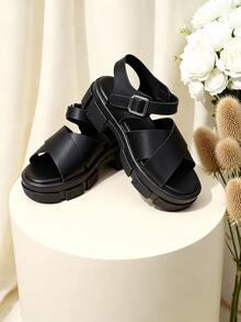EUR 26-38 Sizes Toddler Kids Girls Black PU Leather Chunky Platform Sandals, Cross Strap Design With Adjustable Ankle Buckle, Soft Padded Insole & Non-Slip Rubber Sole, Fashionable Casual Shoes For Daily Wear, School, Playdates & Outdoor Activities - Black - View 2