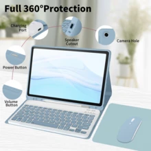 Funda protectora de teclado 4 en 1, compatible con Samsung Galaxy Tab e iPad, incluye teclado inalámbrico Bluetooth desmontable (150mAh) y ratón, funda protectora para tableta con ranura para lápiz (Azul Brumoso) - azul brumoso - Ver 3