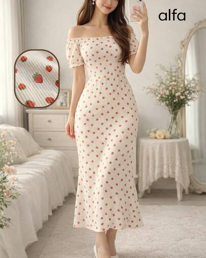 Vestido mujer estilo coquette romántico escote de hombros caídos corte sirena largo maxi tela acanalada con estampado de fresas ideal para verano y salidas casuales ligero suave moderno