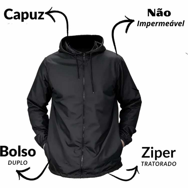 Casaco Corta Vento Timão Listrado Adulto E Infantil Jaqueta Com Capuz E Zíper - Preto - Visão 4