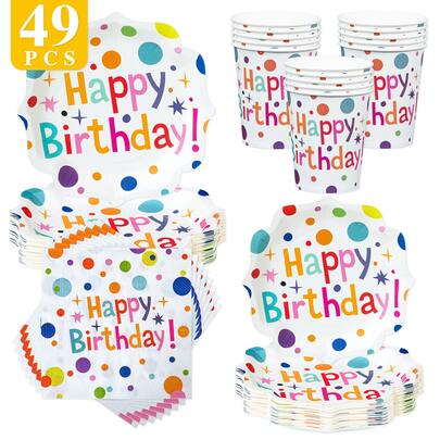Colorful Polka Dot Happy Birthday Scalloped Paper Plates, Napkins & Cups, Disposable Party Supplies Set For 8 Guests, Suitable For Birthday, Wedding, Theme Party, Family Picnic
