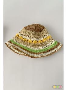 手工拉菲草钩编帽，帽檐可弯曲，彩色彩虹条纹遮阳帽，女士户外渔夫帽，草编条纹渔夫帽，遮挡面部，新款时尚小号头围，红色条纹，手工钩编彩虹草帽 - 彩虹條紋 - 查看 14