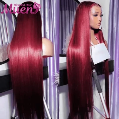 28/30/34英寸酒红色长直发13*4蕾丝前假发高清蕾丝假发女士红酒色人发混纺假发带婴儿发自然发际线99j彩色长丝直发自然假发