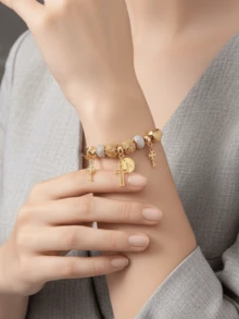 1 Piece Of European And American Fashion Letter Love Cross Small Flower Ring Gold Bead Bracelet For Women's Fashion Key Cross Pendant Bracelet - Multicolor - View 1