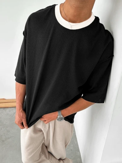 男士撞色圆领T恤，宽松休闲轻便运动简约美式经典短袖T恤