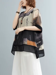 YUXIN 抽象印花圆领衬衫 - 休闲短袖不对称下摆上衣 - 女装 - 休闲外出和派对的完美之选 - 卡其色 - 查看 8