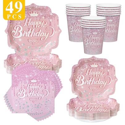 Platos, servilletas y vasos desechables con forma de diamante rosa - Juego de suministros para fiesta de una sola vez para 8 invitados, adecuado para cumpleaños, bodas, fiestas temáticas, picnics familiares
