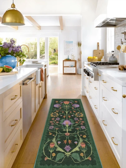 1pc Rug/Carpet/Area Rug/Bath Mat/Bath Rug/Door Mat/Runners/Runner Rug, European Luxury - Elegant Floral Striped Botanical Elements - Hallway Long Runner, Bathroom, Kitchen, Entryway, Corridor, Bedside, Living Room, Bedroom, Soft Washable Rug, Home Decor