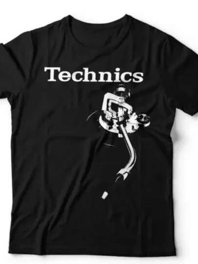 Camiseta gráfica Technics Dj 1210 Turntable Stylus para hombres - Camiseta de entusiasta de la música negra con impresión blanca en negrita, algodón transpirable, ligera elasticidad, ajuste regular, cuello redondo, manga corta para todo el mar, unisex, combinación para padres e hijos