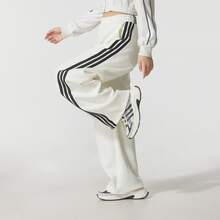 Adidas Knit Elastic Mid-Rise Striped Casual Pants For Women - White Black - View 8