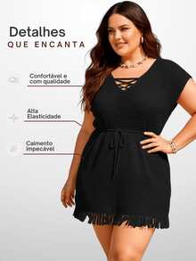 Elegant Women's Plus Size Beach Cover-Up Summer Knit Dress With Fringe And Crochet Detail - Black - View 4