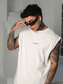 Kit Of 2 DMUNIZ Oversized Streetwear T-Shirts And Tank Tops, Plain High Neck, Crew Neck, Printed Chest - 黑色T卹/米色背心 - 查看 5
