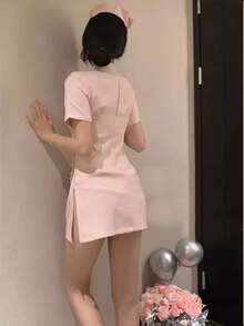 1 pieza Disfraz de enfermera sexy de talla grande con tocado, conjunto de lencería para juegos de rol de Halloween, conjunto de lencería sexy de ángel para discoteca - rosa - Ver 7