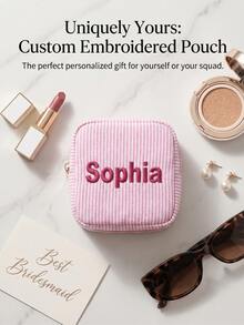 Personalized Embroidered Striped Canvas Cosmetic Bag - Customized Name Striped Ladies Makeup Bag, Bridesmaid Gift Embroidered Makeup Bag, Travel Makeup Organizer Bag, Bridal Shower Gift Makeup Bag - Multicolor - View 7