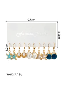 5 Pairs Summer Fashion Minimalist Cute Starfish & Shell Pendant Earrings Set, Unisex Daily Wear & Vacation - Multicolor - View 4