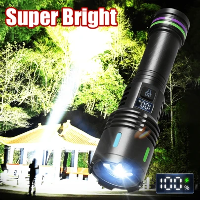 1 pieza Linterna LED de alta luminosidad, Linternas recargables 18650, Linterna portátil de aleación de aluminio, 3 modos de iluminación, pantalla digital, foco de largo alcance 1500M con zoom, para camping, pesca, senderismo, caza, ciclismo, escalada, trabajo, emergencia, etc.