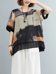 YUXIN 抽象印花圆领衬衫 - 休闲短袖不对称下摆上衣 - 女装 - 休闲外出和派对的完美之选 - 卡其色 - 查看 7