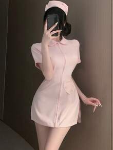 1 pieza Disfraz de enfermera sexy de talla grande con tocado, conjunto de lencería para juegos de rol de Halloween, conjunto de lencería sexy de ángel para discoteca - rosa - Ver 5