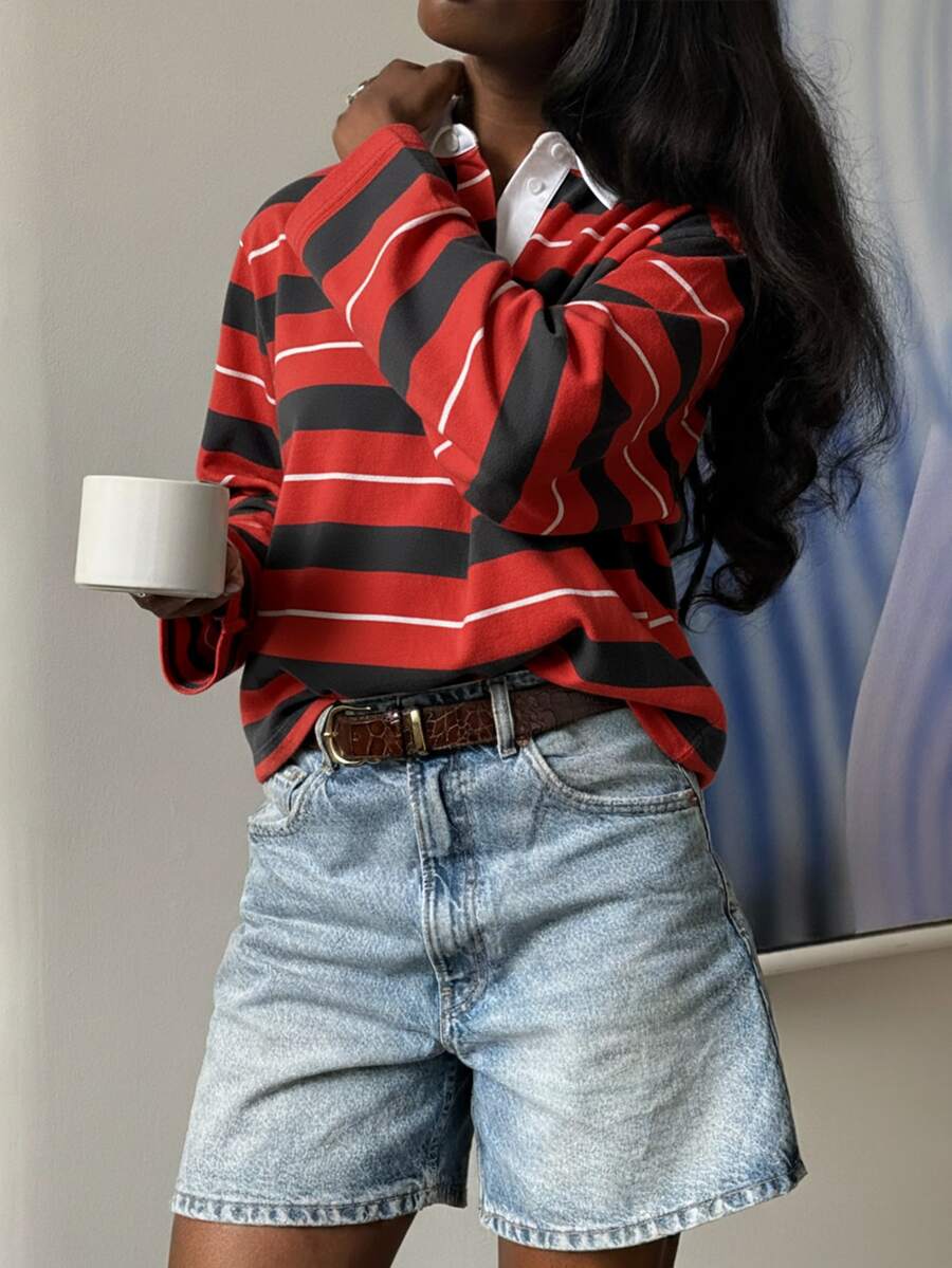 HoloChill 女款拼色對比領條紋休閒長袖針織套頭上衣,2026夏季新款百搭情人節,女款條紋 Polo 領針織長袖修身套頭毛衣,適合秋冬/春夏日常穿著、返校、返校舞會、法式風格 - 紅色 - 查看 1