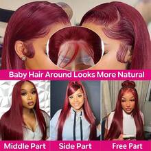 200% Density 99J Burgundy 13x4 Straight Transparent Lace Front Wigs Human Blended Hair Silky Straigt Red Wine Lace Wigs Human Blended Hair For Women - SBUG - View 9