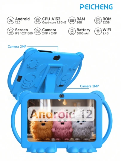 Tablet dziecięcy PEICHENG Q8K 7 cali, Android 12/SC7731E, czterordzeniowy procesor 1,3 GHz/2 GB pamięci RAM, 32 GB pamięci masowej/2,4 GHz Wi-Fi/Bluetooth/wyświetlacz IPS 1024 x 600/usługi GMS/kontrola rodzicielska/bateria 3000 mAh/aparat 2 MP + 2 MP, z odpornym na wstrząsy etui ochronnym, do nauki i gier (adapter nie jest dołączony)