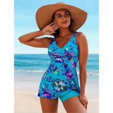 Turquoise Floral Tankini Swimsuit - Women's Two Piece Bathing Suit With Flared Skirt, Tummy Control, UPF 50+ - Modest Swimwear For Beach & Pool - 多色360 - 查看 1