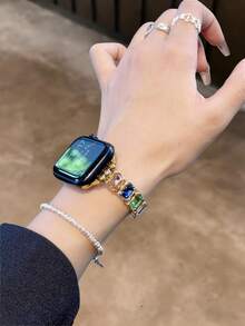 1件女士彩色宝石和水钻手链，金属表带，兼容38/40/41/42/44/45/46/49mm Ultra/SE/Series 10/9/8/7/6/5/4/3/2/1表带 - 金彩錶扣式 - 查看 7