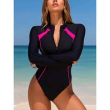 Women's Swimsuit One Piece - Slimming Bathing Suit Round Neck Long Sleeve - Beach Pool Vacation Swimwear Covering Tummy Control - 多色442 - 查看 4