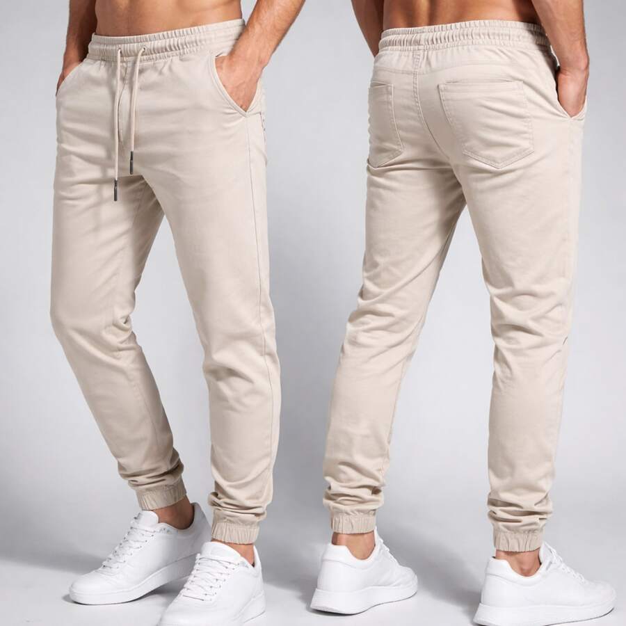 Calça Jogger Skinny Slim Fit Sarja com Cordão Street Confortável - Bege - Visão 1