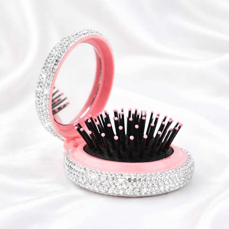 1pc/2pcs Rhinestone Decor Mini Scalp Massager Comb With Mirror, Portable Air Cushion Folding Brush, Suitable For All Hair Types, Mini Hair Brush, Party/Wedding Gift, Travel Essential, Foldable Hair Brush With Mirror, Valentine's Day, Birthday, Back To School