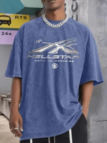 Men's Printed Pattern Washed T-Shirt - Casual Loose Summer T-Shirt With Star And Flame Design, Adult Brown 100% Pure Cotton Round Neck Shirt, Breathable T-Shirt | Avant-Garde Casual Wear | 100% Pure Cotton Printed T-Shirt - Blue - View 2
