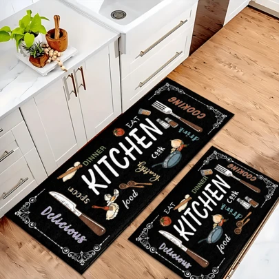 1pc Kitchen Theme Cartoon Pattern Printed Rug, Faux Wool Mat - Highly Absorbent, Easy To Clean, Suitable For Home Decor, Farmhouse, Entryway, Indoor, Room, Kitchen, Dining Room, Small Office/Home Office, Sink, Laundry Room, Doormat, Kitchen Mat, Anti-Slip Mat