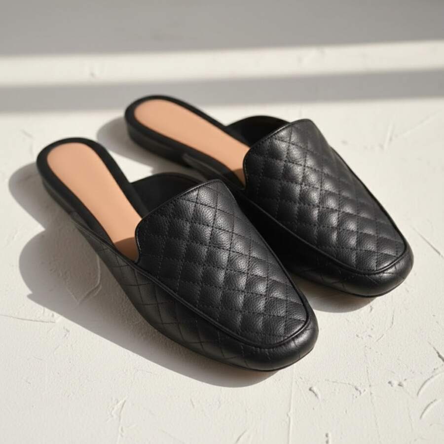 Women's Mule Flat Shoe With Quilted Detail, Open Back, Comfortable And Soft For Everyday Wear - Black - View 1