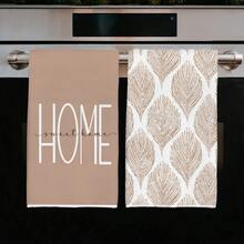 2pcs Simple Brown Geometric Leaf "Sweet Home" Pattern Kitchen Towels, Soft Polyester Material Dish Cloths, Suitable For Kitchen Decor, Cleaning, Holiday Party Decoration, Kitchen & Bathroom Essentials, Home Decor, Housewarming Gift - Multicolor - View 6