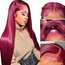 200% Density Burgundy Straight 13*4 Transparent Ear To Ear Lace Front Hair Wig Pre Plucked Pre Bleached Wig Blended Wigs- For Women Natural Hairline With Baby Hair 99J# - SBUG - View 5